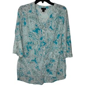 Erika Paisley Print Button Down‎ 3/4 Sleeve Blouse Top Teal Blue Medium